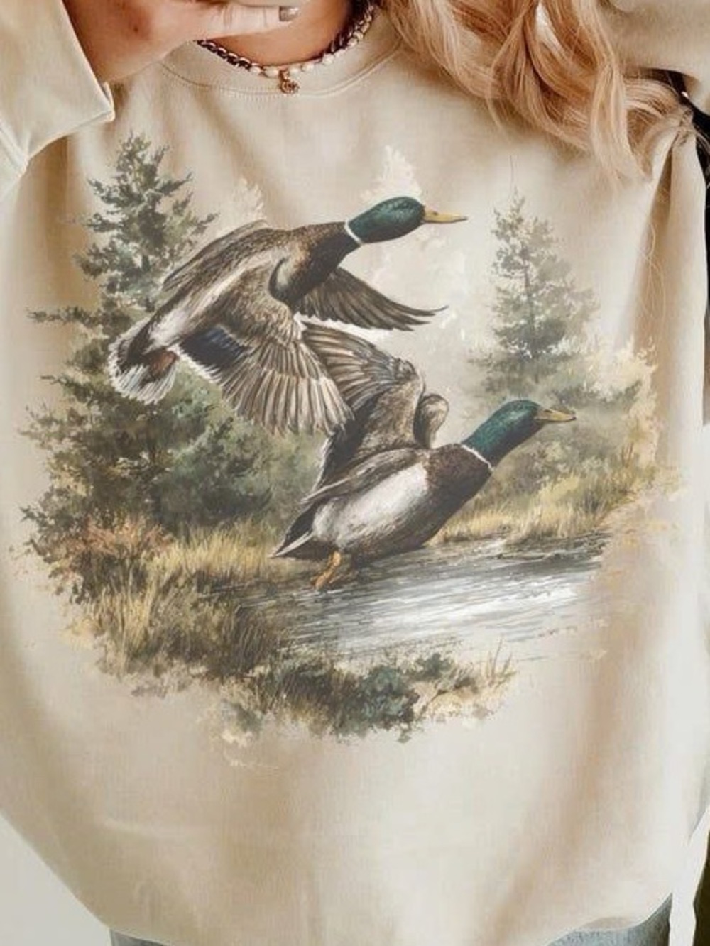 Karma Cream Crewneck Sweatshirt with Duck & Woodland Print - Picture 2 of 3